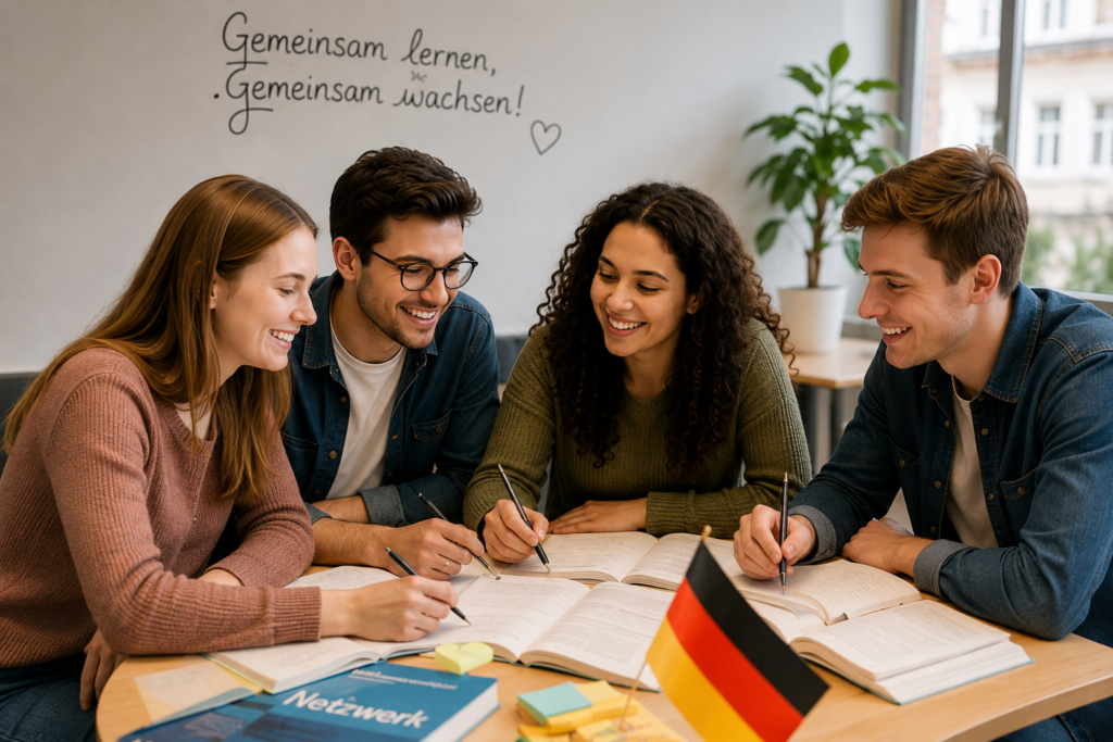 Happy German learners studying together